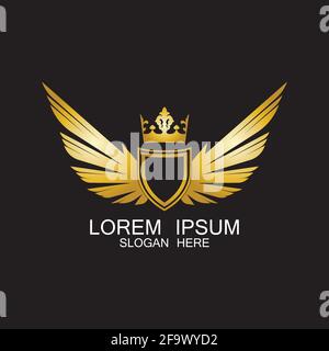 golden winged shield with crown logo / heraldry symbol Stock Vector
