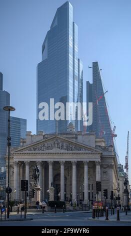 City of London, 20 April 2021. 62 storey 22 Bishopsgate towers over The Royal Exchange seen from Bank junction Stock Photo