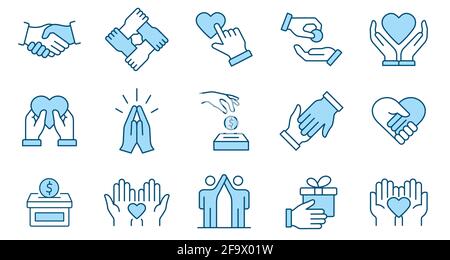 Charity icon set. Collection of agreement, cooperation, hope. Vector illustration. Editable stroke. Stock Vector