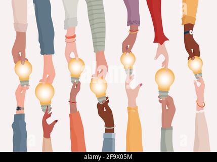 Brainstorming concept.Metaphor of diverse people proposing or sharing innovative ideas solutions and agreements.Collaborating colleagues or co-workers Stock Vector