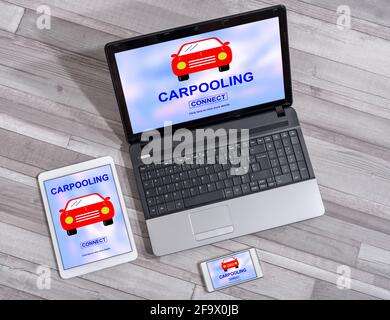 Carpooling concept shown on different information technology devices Stock Photo