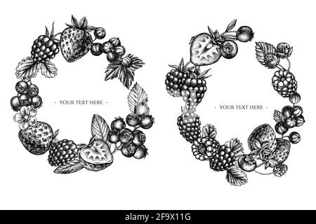 Wreath of black and white strawberry, blueberry, red currant, raspberry, blackberry Stock Vector
