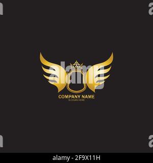 Shield wing crown emblem badge black glyph set. Elegant military emblem ...