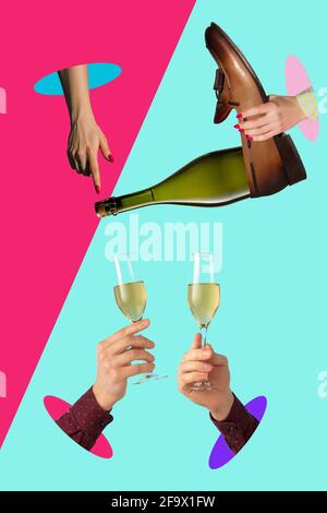 Contemporary art collage, modern design. Party mood. Hands pouring champagne in glasses on multicolored background Stock Photo