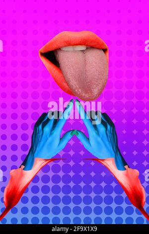 Contemporary art collage, modern design. Party mood. Two floral hands touching big female mouth with tongue stick out. Stock Photo