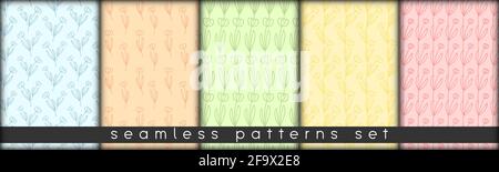combinable seamless patterns set delicate pastel colors. botanical floral hand drawn lineart elements dots spots. design for packaging wrapping fabric Stock Vector