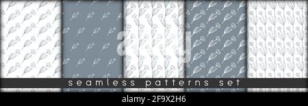 set of combinable seamless patterns. botanical floral hand drawn lineart elements dots spots, ultimate gray and white. design for packaging wrapping f Stock Vector
