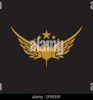 Gold winged sword with shield vector icon. Stock Vector