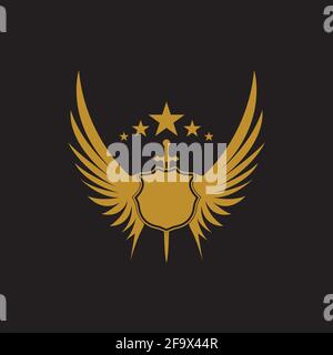 Gold winged sword with shield vector icon. Stock Vector