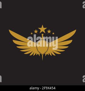 Gold winged sword with shield vector icon. Stock Vector