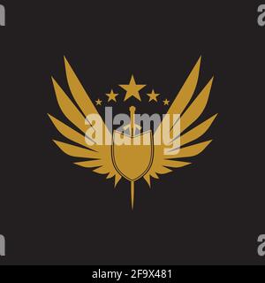 Gold winged sword with shield vector icon. Stock Vector
