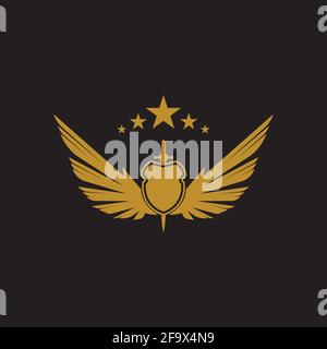 Gold winged sword with shield vector icon. Stock Vector