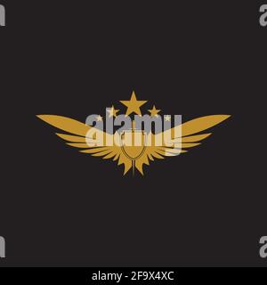 Gold winged sword with shield vector icon. Stock Vector