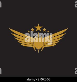 Gold winged sword with shield vector icon. Stock Vector