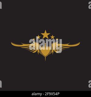 Gold winged sword with shield vector icon. Stock Vector