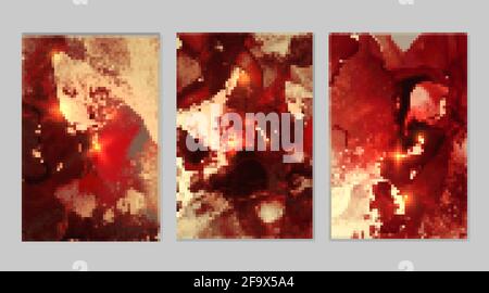 Set of marble patterns. Red, black and gold geode textures with glitter. Abstract vector background in alcohol ink technique. Modern paint with sparkl Stock Vector