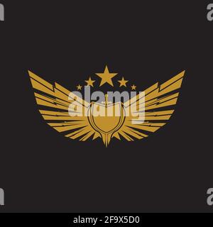Gold winged sword with shield vector icon. Stock Vector