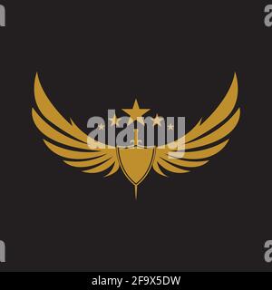 Gold winged sword with shield vector icon. Stock Vector