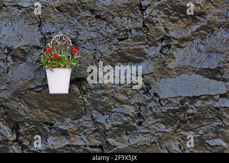 Picturesque flowerpot hanging on a black painted stone wall. Countryside Stock Photo