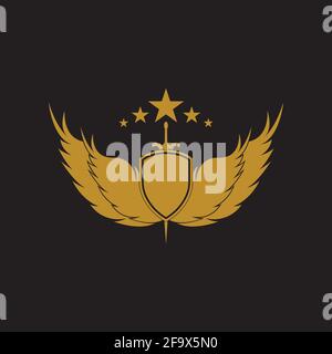 Gold winged sword with shield vector icon. Stock Vector