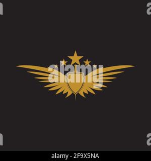 Gold winged sword with shield vector icon. Stock Vector