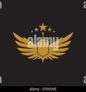 Gold winged sword with shield vector icon. Stock Vector