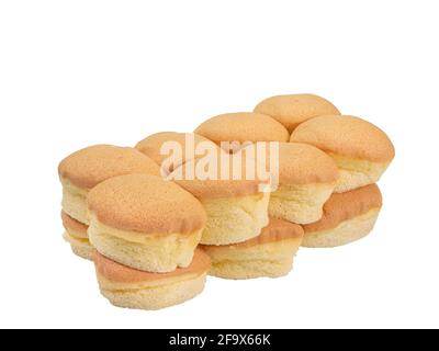 Butter sponge cake, a close up of homemade yummy small castella cake bakery isolated on white background. Stock Photo
