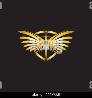 Gold winged sword with shield vector icon. Stock Vector