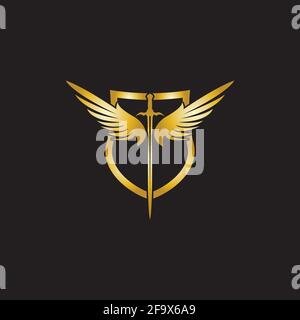 Gold winged sword with shield vector icon. Stock Vector