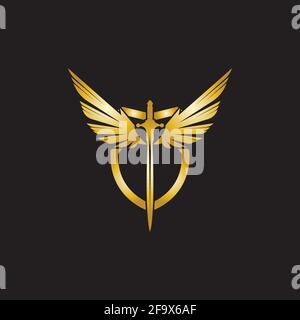 Gold winged sword with shield vector icon. Stock Vector