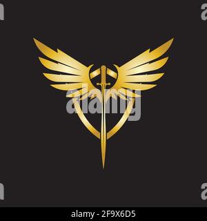 Gold winged sword with shield vector icon. Stock Vector