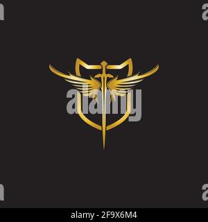 Gold winged sword with shield vector icon. Stock Vector