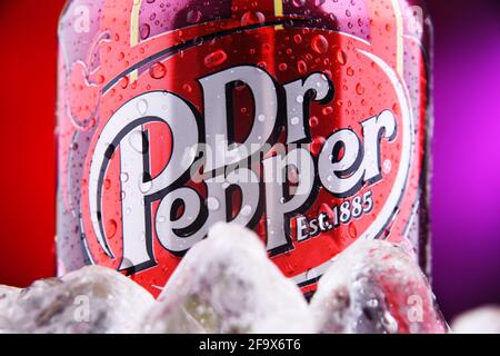 POZNAN, POLAND - FEB 25, 2021: Can of Dr Pepper, a carbonated soft drink created in the 1880s by Charles Alderton in Waco, Texas, USA Stock Photo
