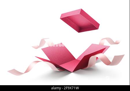 Surprise gift box, red color open gift box with ribbon isolated on white Stock Photo