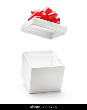 White color open gift box with red bow isolated on white background Stock Photo