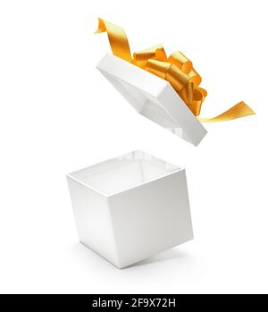 White color open gift box with gold ribbon isolated on white background Stock Photo