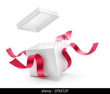 Opened gift box with red ribbon isolated on white background Stock Photo