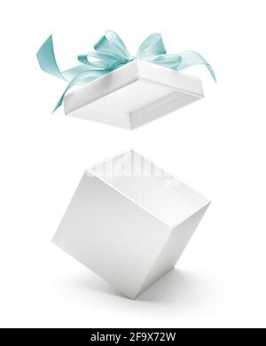 White open gift box or present with blue ribbon isolated on white background Stock Photo
