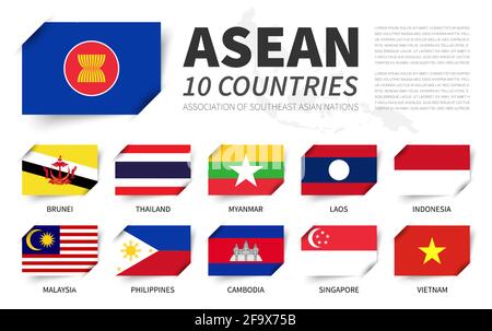 ASEAN . Association of Southeast Asian Nations . And membership flags . And south east asia map on background . Inserted paper flag design . Vector . Stock Vector