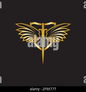 Gold winged sword with shield vector icon. Stock Vector