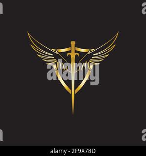 Gold winged sword with shield vector icon. Stock Vector
