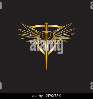 Gold winged sword with shield vector icon. Stock Vector