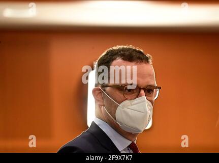 Berlin, Germany. 21st Apr, 2021. Jens Spahn (CDU), Federal Minister of Health, arrives for the cabinet meeting at the Chancellor's Office. Credit: Tobias Schwarz/AFP POOL/dpa/Alamy Live News Stock Photo