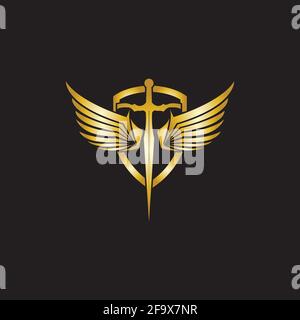 Gold winged sword with shield vector icon. Stock Vector