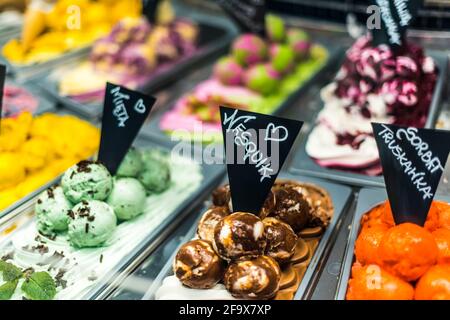 Different sorts of ice creams sold in a coffee shop. Stock Photo