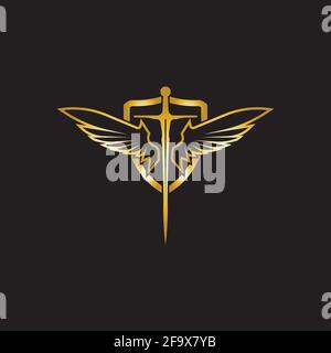 Gold winged sword with shield vector icon. Stock Vector