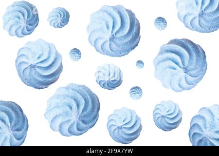 Pattern of light blue meringue cookies isolated on white background Stock Photo