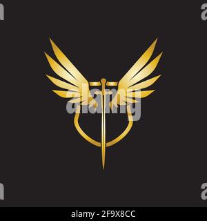 Gold winged sword with shield vector icon. Stock Vector