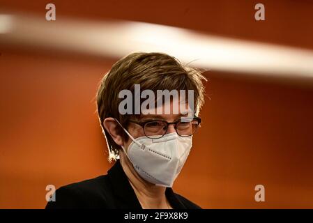 Berlin, Germany. 21st Apr, 2021. Annegret Kramp-Karrenbauer (CDU), Minister of Defense, arrives for the cabinet meeting at the Chancellor's Office. Credit: Tobias Schwarz/AFP POOL/dpa/Alamy Live News Stock Photo