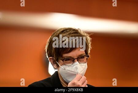 Berlin, Germany. 21st Apr, 2021. Annegret Kramp-Karrenbauer (CDU), Minister of Defense, arrives for the cabinet meeting at the Chancellor's Office. Credit: Tobias Schwarz/AFP POOL/dpa/Alamy Live News Stock Photo